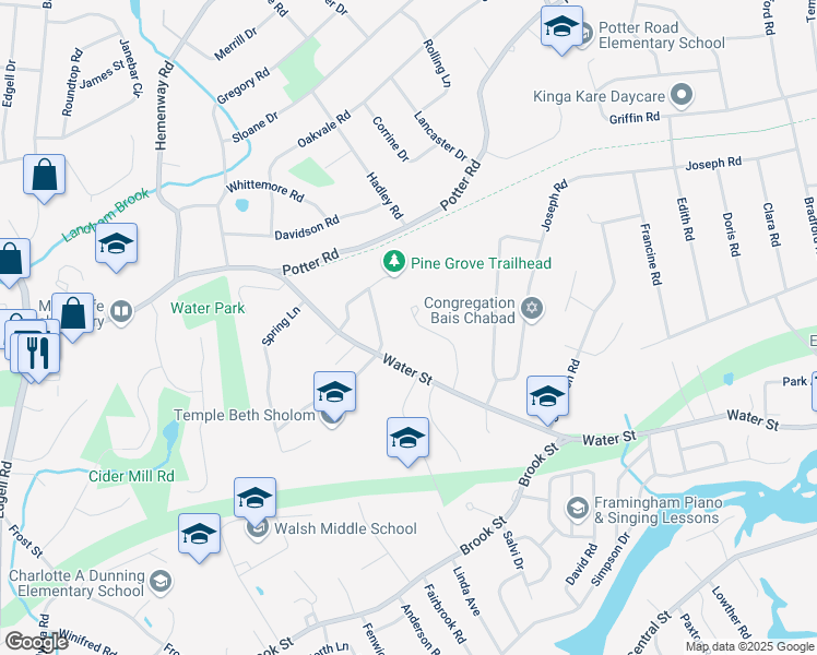 map of restaurants, bars, coffee shops, grocery stores, and more near 455 Water Street in Framingham