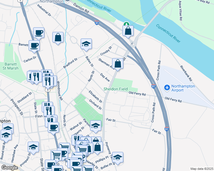 map of restaurants, bars, coffee shops, grocery stores, and more near 259 Bridge Street in Northampton