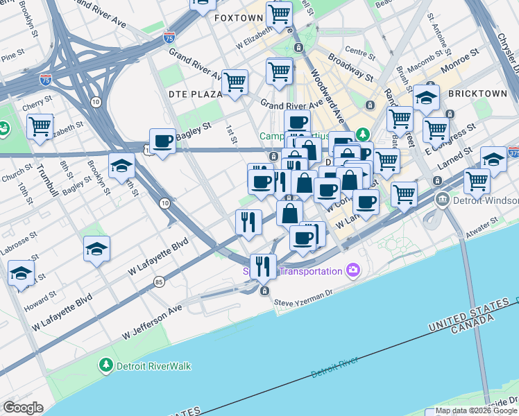 map of restaurants, bars, coffee shops, grocery stores, and more near 615 West Lafayette Boulevard in Detroit