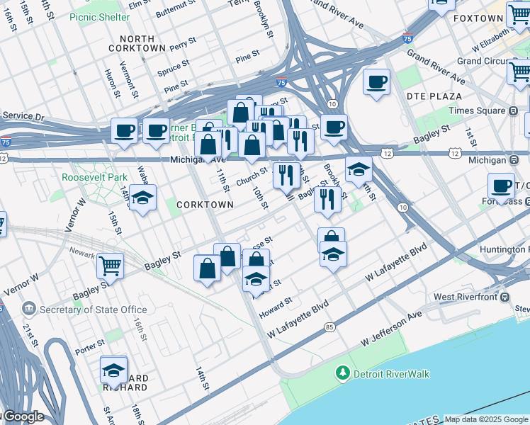 map of restaurants, bars, coffee shops, grocery stores, and more near 1608 Bagley Street in Detroit