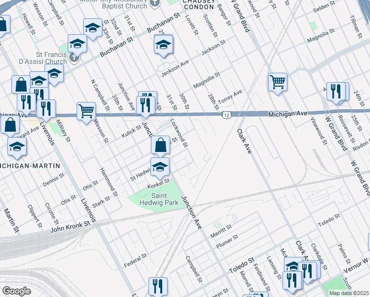 map of restaurants, bars, coffee shops, grocery stores, and more near 3227 Lockwood Street in Detroit