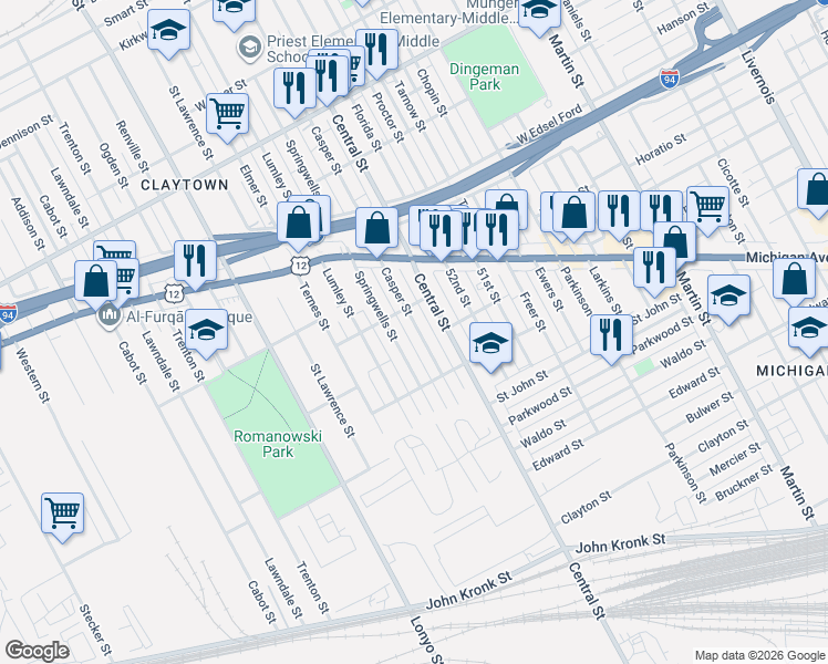 map of restaurants, bars, coffee shops, grocery stores, and more near 4468 Springwells Street in Detroit