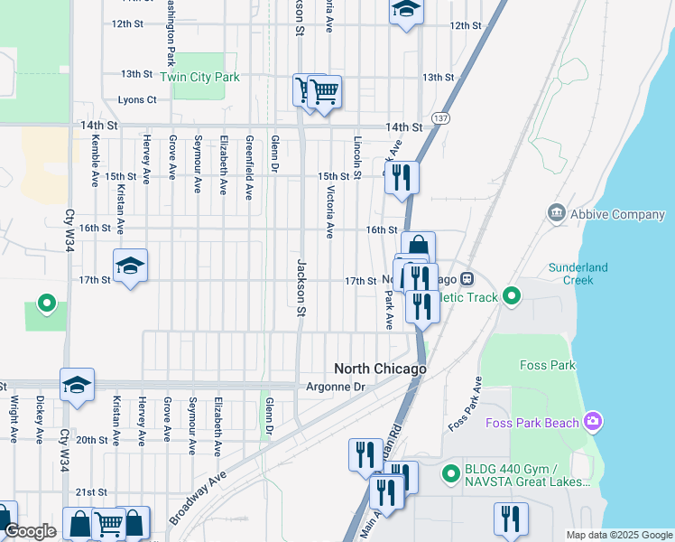 map of restaurants, bars, coffee shops, grocery stores, and more near 1701 Victoria Avenue in North Chicago