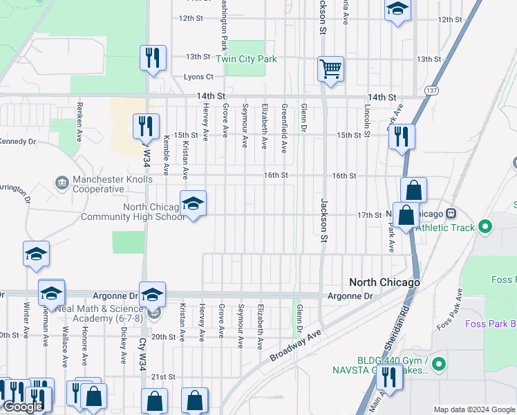 map of restaurants, bars, coffee shops, grocery stores, and more near 1401 17th Street in North Chicago