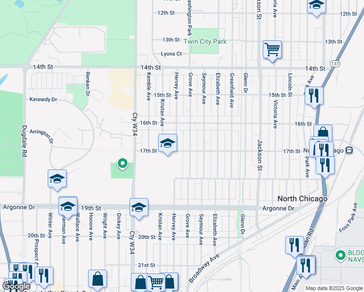 map of restaurants, bars, coffee shops, grocery stores, and more near 1616 17th Street in North Chicago