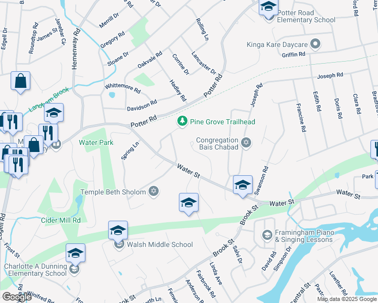 map of restaurants, bars, coffee shops, grocery stores, and more near 455 Water Street in Framingham