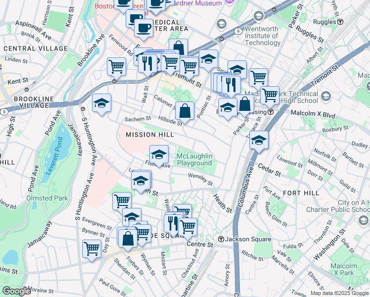 map of restaurants, bars, coffee shops, grocery stores, and more near 173 Parker Hill Avenue in Boston