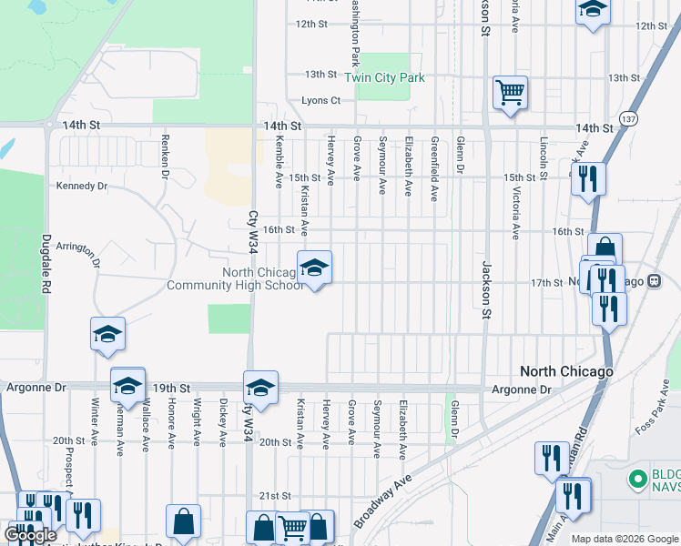 map of restaurants, bars, coffee shops, grocery stores, and more near 1616 17th Street in North Chicago