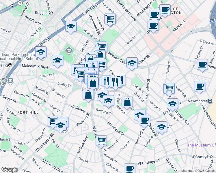 map of restaurants, bars, coffee shops, grocery stores, and more near 221 Dudley Street in Boston