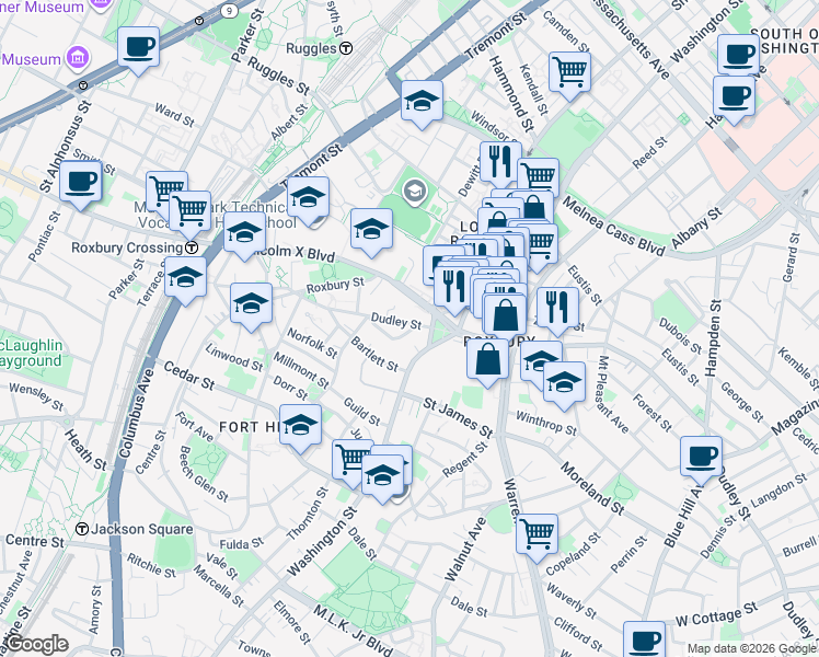 map of restaurants, bars, coffee shops, grocery stores, and more near 2405 Washington Street in Boston