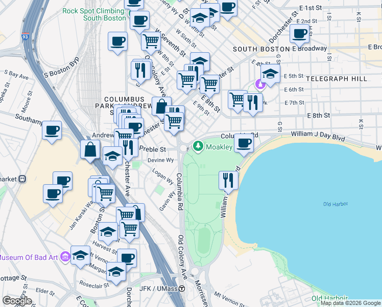 map of restaurants, bars, coffee shops, grocery stores, and more near 1187 Columbia Road in Boston