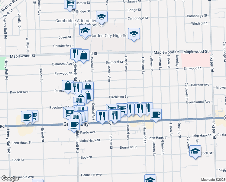 map of restaurants, bars, coffee shops, grocery stores, and more near 28914 Birchlawn Street in Garden City