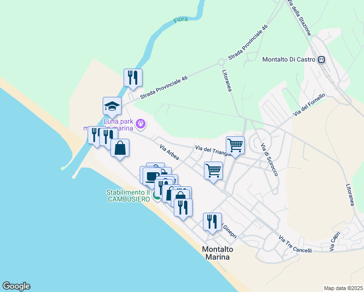 map of restaurants, bars, coffee shops, grocery stores, and more near 60 Via Arbea in Montalto Marina