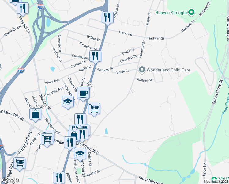 map of restaurants, bars, coffee shops, grocery stores, and more near 662 Burncoat Street in Worcester