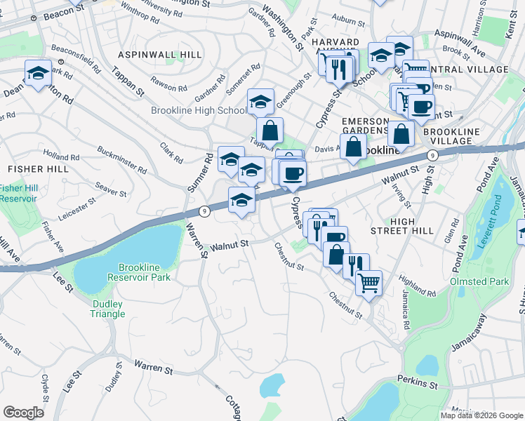 map of restaurants, bars, coffee shops, grocery stores, and more near 16 Kennard Road in Brookline