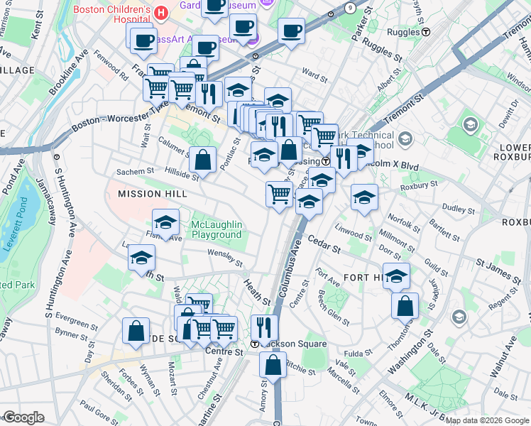map of restaurants, bars, coffee shops, grocery stores, and more near 111 Terrace Street in Boston