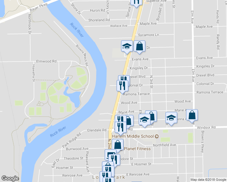 map of restaurants, bars, coffee shops, grocery stores, and more near 7000 North 2nd Street in Machesney Park