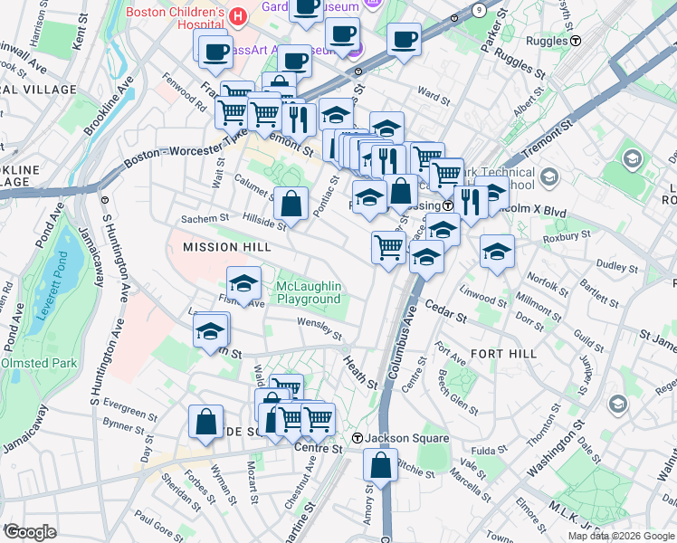 map of restaurants, bars, coffee shops, grocery stores, and more near 228 Calumet Street in Boston