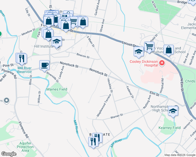 map of restaurants, bars, coffee shops, grocery stores, and more near 43 Baker Hill Road in Northampton