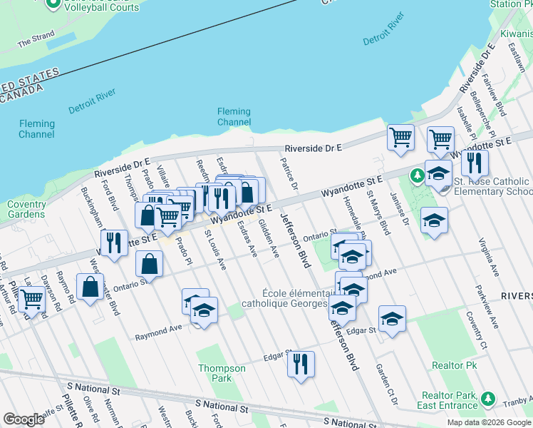 map of restaurants, bars, coffee shops, grocery stores, and more near in Windsor