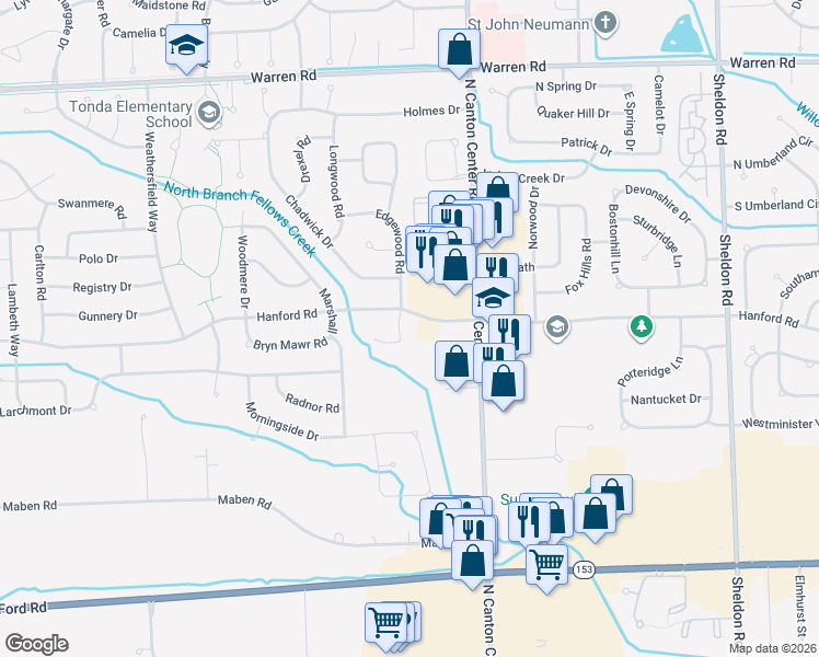 map of restaurants, bars, coffee shops, grocery stores, and more near 45543 Baldwin Court in Canton