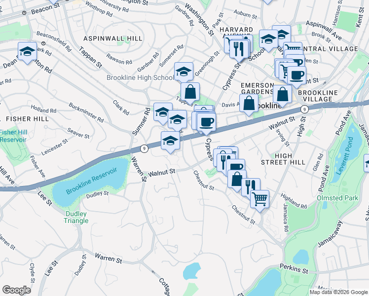 map of restaurants, bars, coffee shops, grocery stores, and more near 25 Kennard Road in Brookline