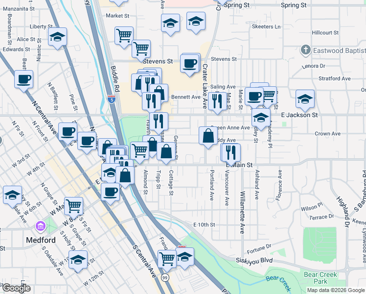 map of restaurants, bars, coffee shops, grocery stores, and more near 15 Geneva Street in Medford