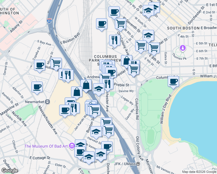 map of restaurants, bars, coffee shops, grocery stores, and more near 626 Dorchester Avenue in Boston