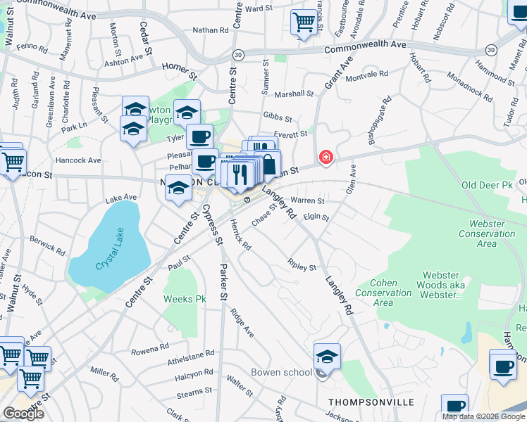 map of restaurants, bars, coffee shops, grocery stores, and more near 42 Chase Street in Newton