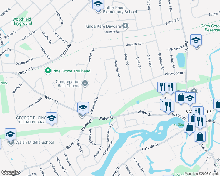 map of restaurants, bars, coffee shops, grocery stores, and more near 47 Pinewood Drive in Framingham