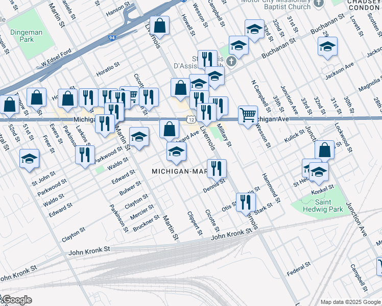 map of restaurants, bars, coffee shops, grocery stores, and more near 3824 Cicotte Street in Detroit