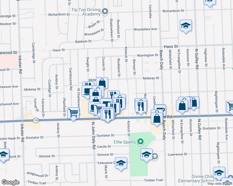 map of restaurants, bars, coffee shops, grocery stores, and more near 5872 Rockland Court in Dearborn Heights