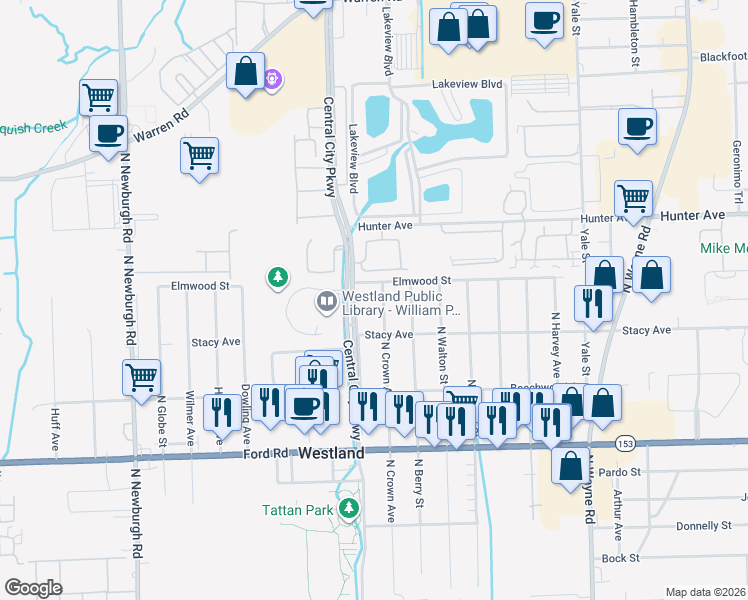 map of restaurants, bars, coffee shops, grocery stores, and more near 6065 North Crown Street in Westland