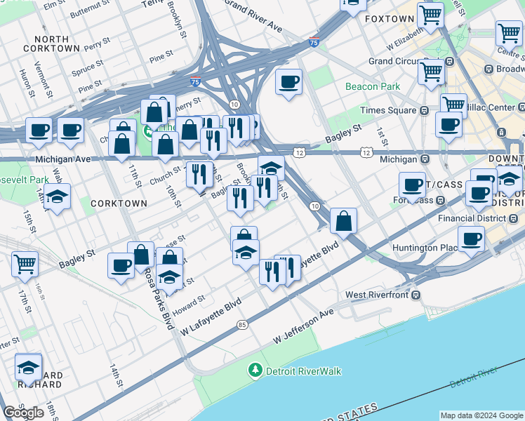 map of restaurants, bars, coffee shops, grocery stores, and more near 1300 Porter Street in Detroit