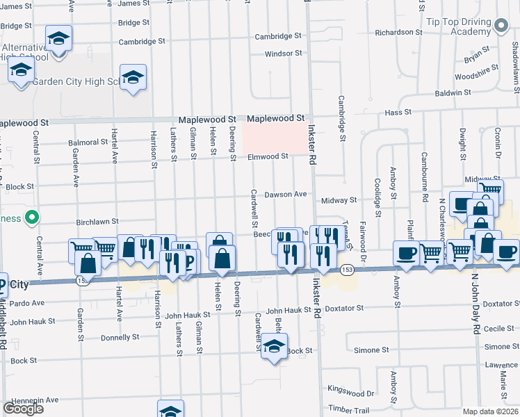 map of restaurants, bars, coffee shops, grocery stores, and more near 5835 Belton Street in Garden City