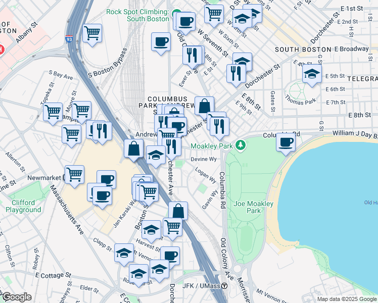 map of restaurants, bars, coffee shops, grocery stores, and more near 43 Rogers Street in Boston