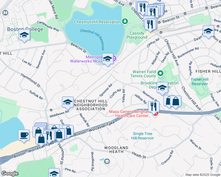 map of restaurants, bars, coffee shops, grocery stores, and more near 127 Crafts Road in Brookline