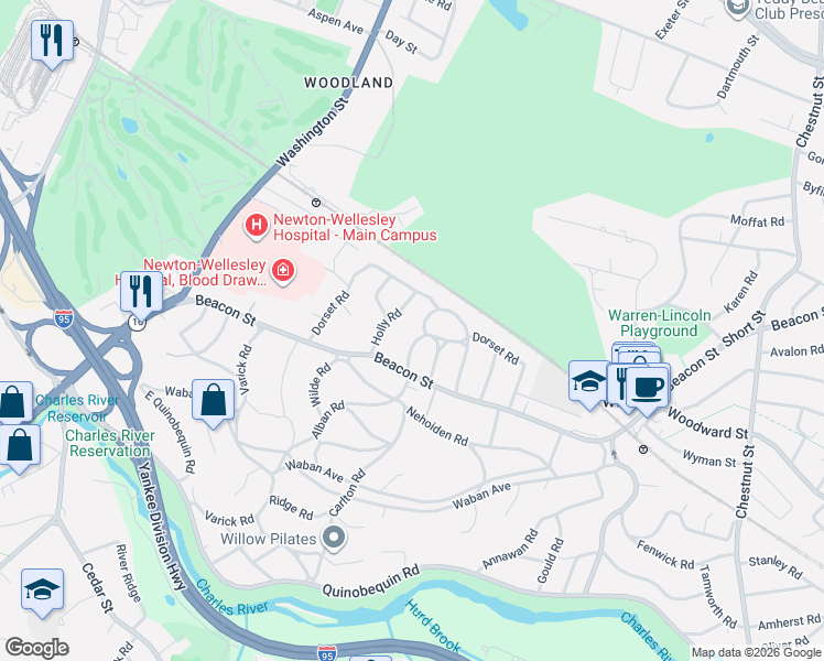 map of restaurants, bars, coffee shops, grocery stores, and more near 23 Metacomet Road in Newton