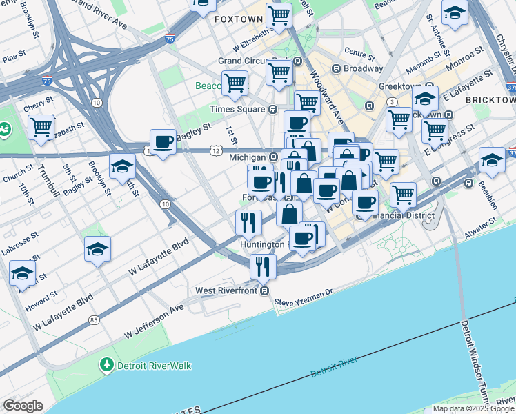 map of restaurants, bars, coffee shops, grocery stores, and more near 615 West Lafayette Boulevard in Detroit