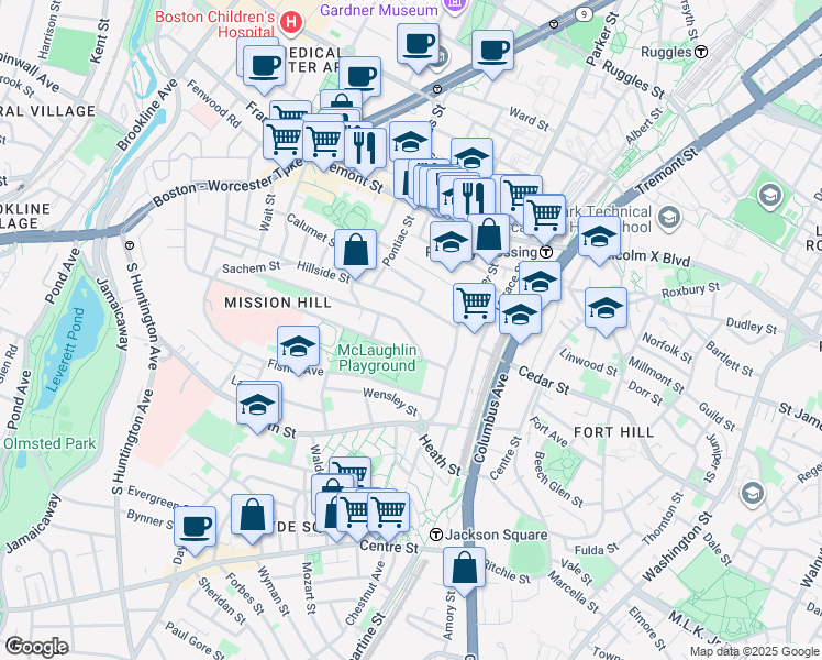 map of restaurants, bars, coffee shops, grocery stores, and more near 242 Parker Hill Avenue in Boston