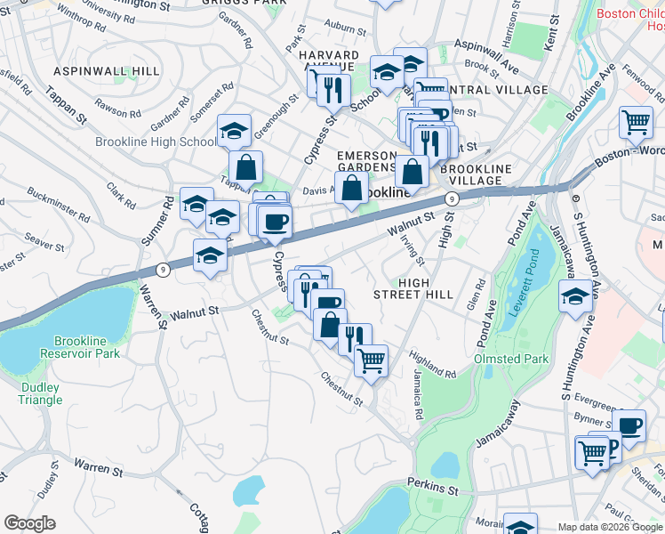 map of restaurants, bars, coffee shops, grocery stores, and more near 19 Oakland Road in Brookline
