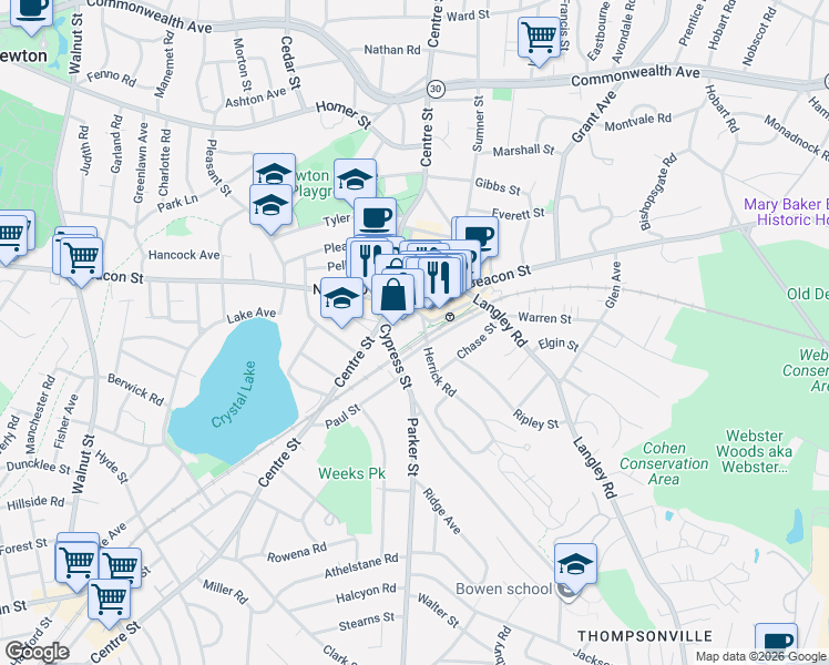 map of restaurants, bars, coffee shops, grocery stores, and more near 16 Cypress Street in Newton