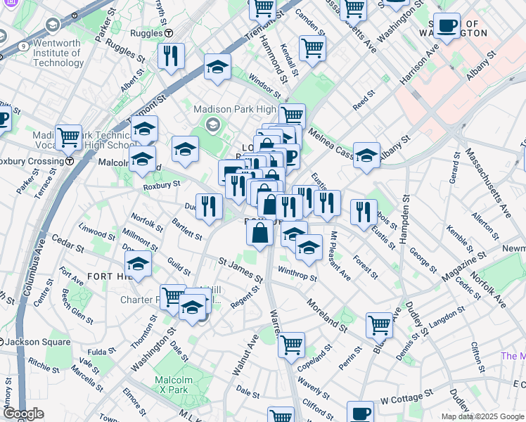 map of restaurants, bars, coffee shops, grocery stores, and more near in Boston