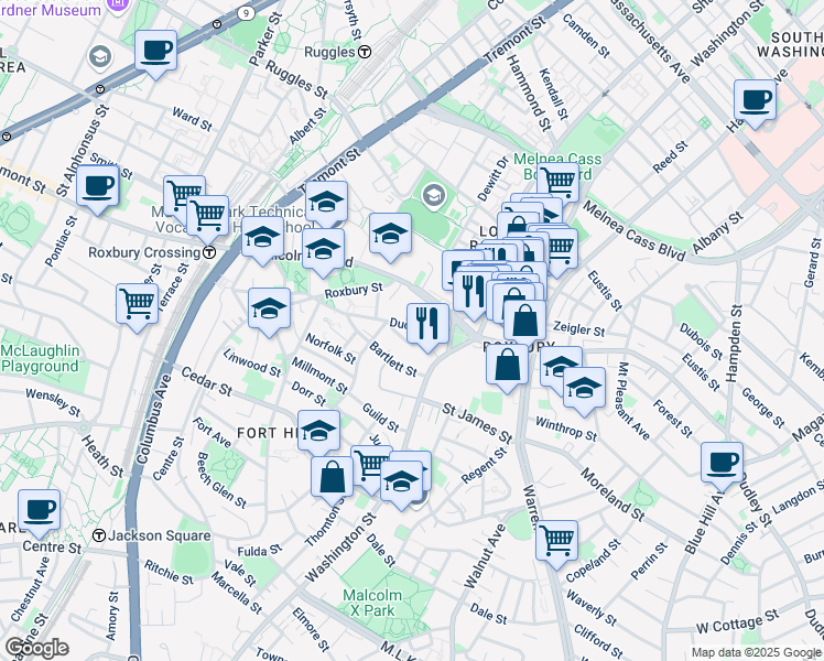 map of restaurants, bars, coffee shops, grocery stores, and more near 28 - 30 Kenilworth Street in Boston