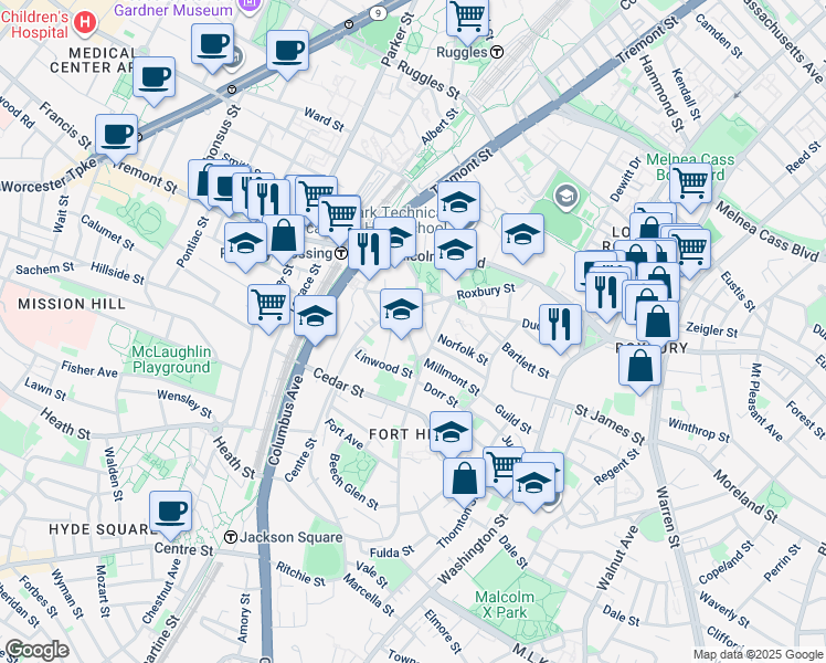 map of restaurants, bars, coffee shops, grocery stores, and more near 6 Alvah Kittredge Park in Boston
