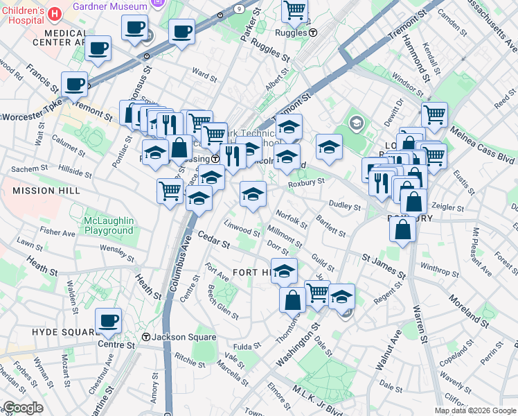 map of restaurants, bars, coffee shops, grocery stores, and more near 6 Alvah Kittredge Park in Boston