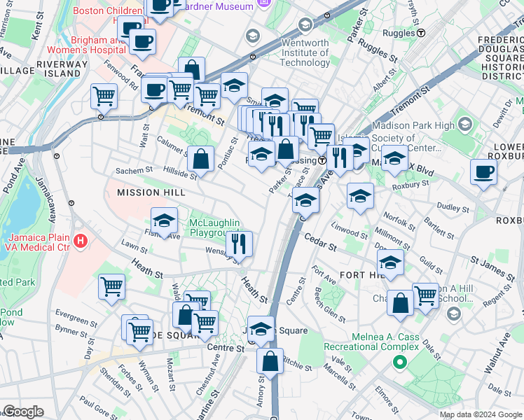 map of restaurants, bars, coffee shops, grocery stores, and more near 111 Terrace Street in Boston