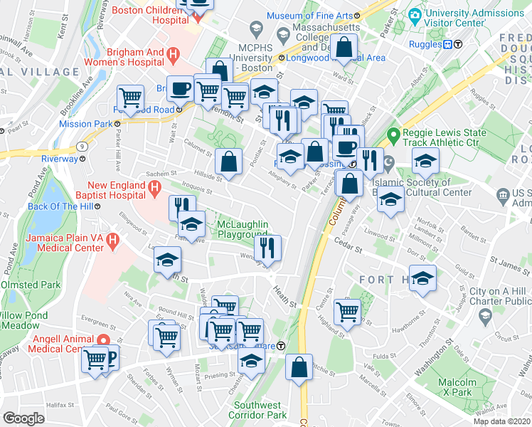 map of restaurants, bars, coffee shops, grocery stores, and more near 228 Calumet Street in Boston