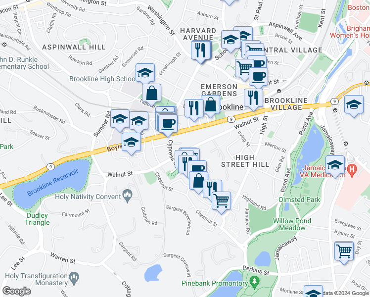 map of restaurants, bars, coffee shops, grocery stores, and more near 284 Walnut Street in Brookline