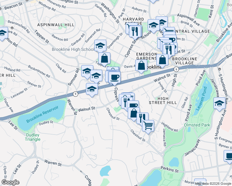 map of restaurants, bars, coffee shops, grocery stores, and more near 284 Walnut Street in Brookline